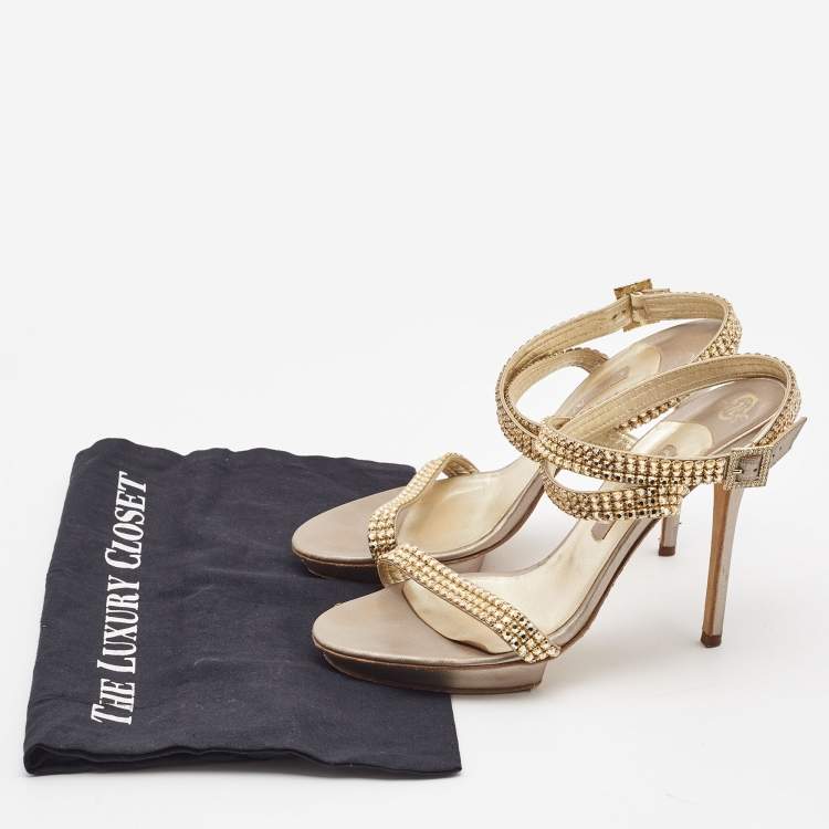 Pre Owned Gina Bronze/Gold Leather Crystal Platform Ankle Strap Sandals Size 40