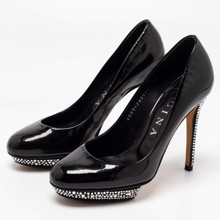 Pre Owned Gina Black Patent Leather Crystal Embellished Heel Platform Pumps Size 37.5