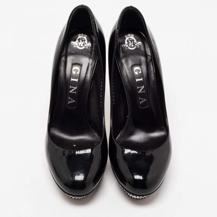 Pre Owned Gina Black Patent Leather Crystal Embellished Heel Platform Pumps Size 37.5