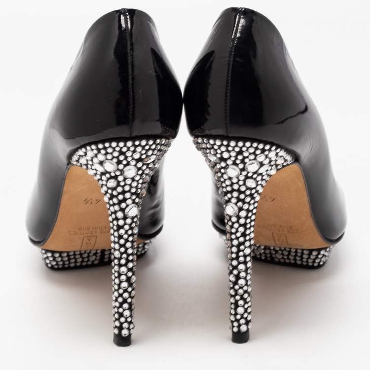 Pre Owned Gina Black Patent Leather Crystal Embellished Heel Platform Pumps Size 37.5
