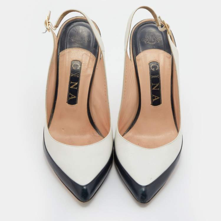 Pre Owned Gina White/Black Leather Pointed Toe Slingback Pumps Size 38