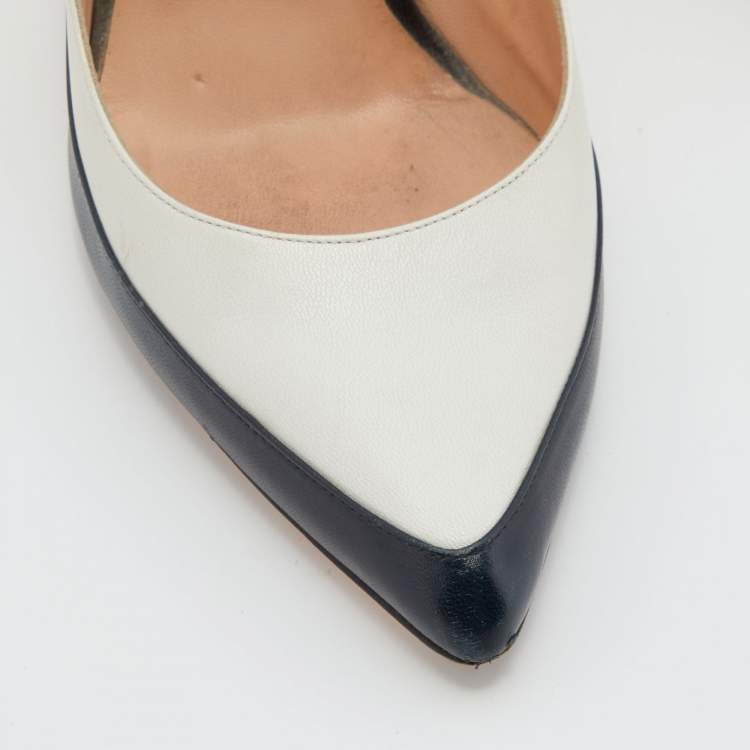 Pre Owned Gina White/Black Leather Pointed Toe Slingback Pumps Size 38