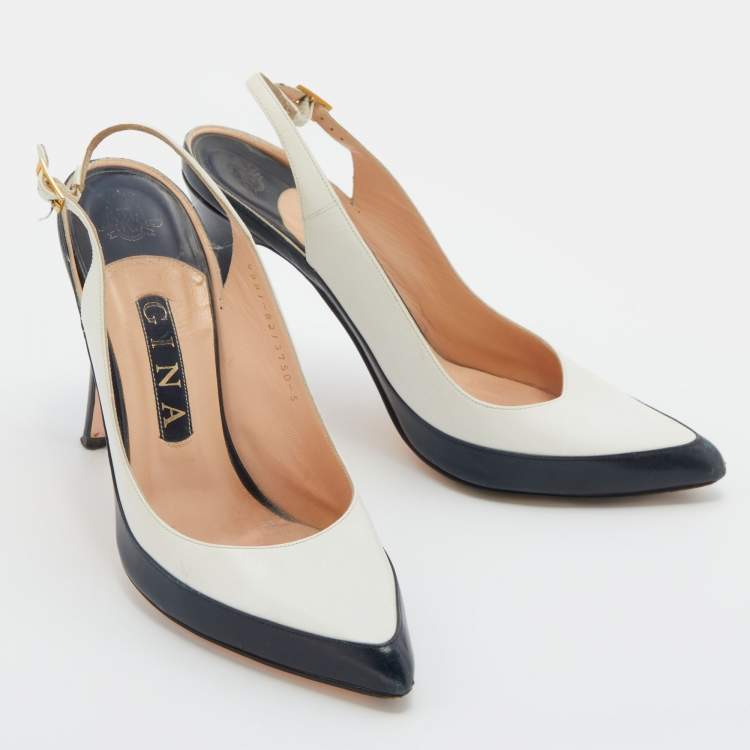Pre Owned Gina White/Black Leather Pointed Toe Slingback Pumps Size 38