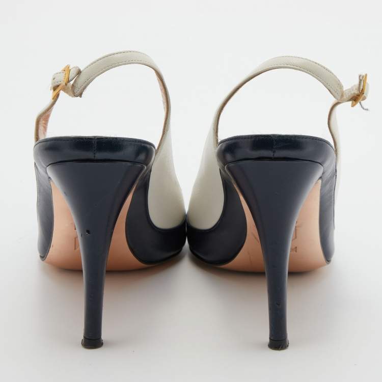 Pre Owned Gina White/Black Leather Pointed Toe Slingback Pumps Size 38