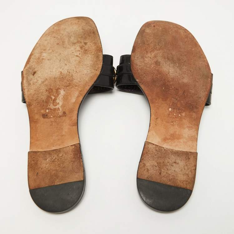 Pre Owned Gina Black Crystal Embellished Patent Leather Thong Flats Size 38.5