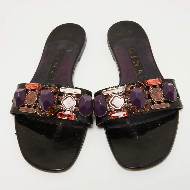 Pre Owned Gina Black Crystal Embellished Patent Leather Thong Flats Size 38.5