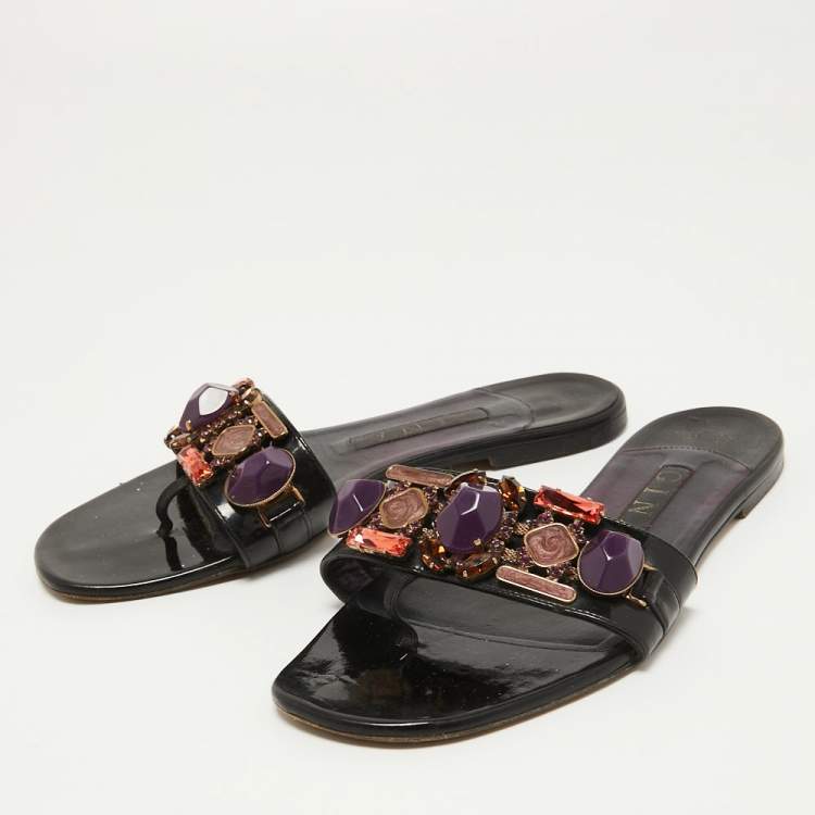 Pre Owned Gina Black Crystal Embellished Patent Leather Thong Flats Size 38.5