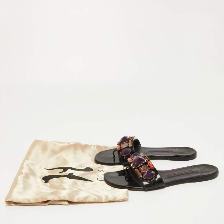 Pre Owned Gina Black Crystal Embellished Patent Leather Thong Flats Size 38.5