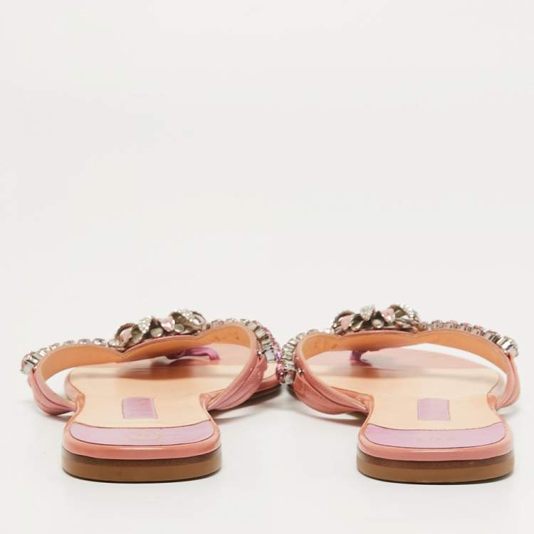 Pre Owned Gina Blush Pink Patent Crystal Embellished Flat Slides Size 41