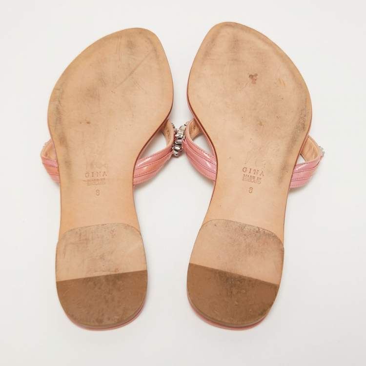 Pre Owned Gina Blush Pink Patent Crystal Embellished Flat Slides Size 41