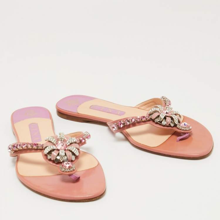 Pre Owned Gina Blush Pink Patent Crystal Embellished Flat Slides Size 41