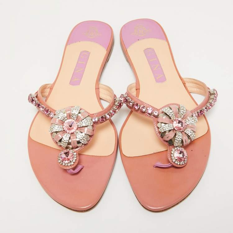 Pre Owned Gina Blush Pink Patent Crystal Embellished Flat Slides Size 41