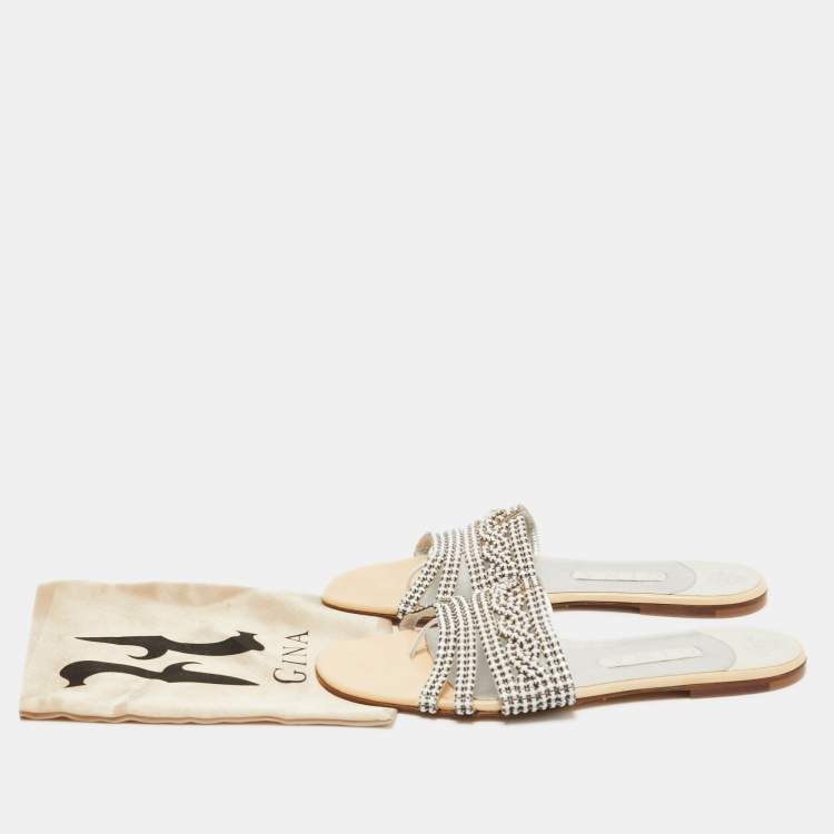 Pre Owned Gina Cream Leather Crystal Embellished Flat Slides Size 40.5