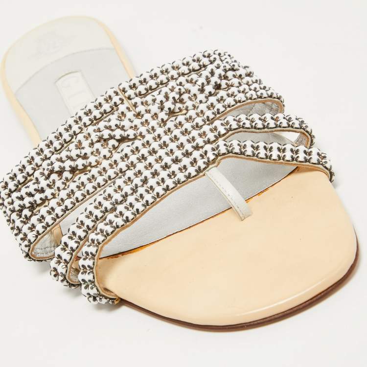 Pre Owned Gina Cream Leather Crystal Embellished Flat Slides Size 40.5