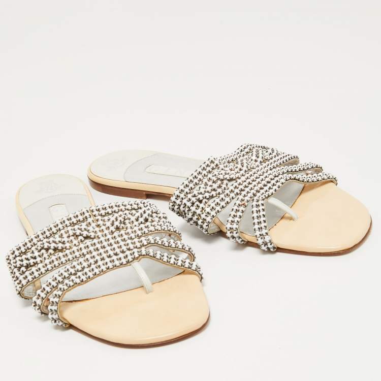 Pre Owned Gina Cream Leather Crystal Embellished Flat Slides Size 40.5