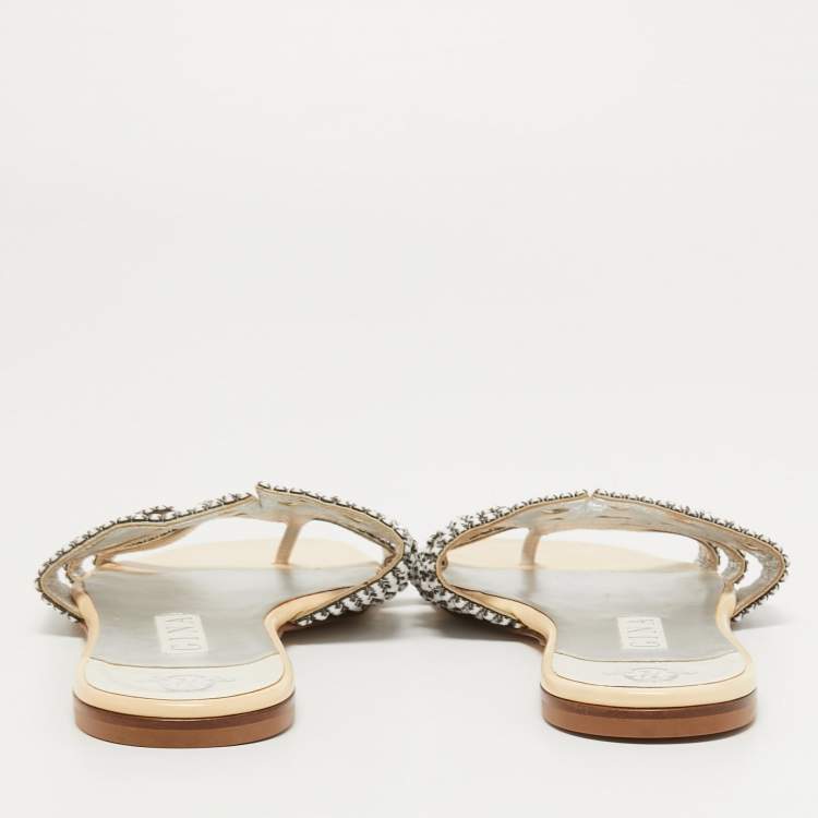 Pre Owned Gina Cream Leather Crystal Embellished Flat Slides Size 40.5