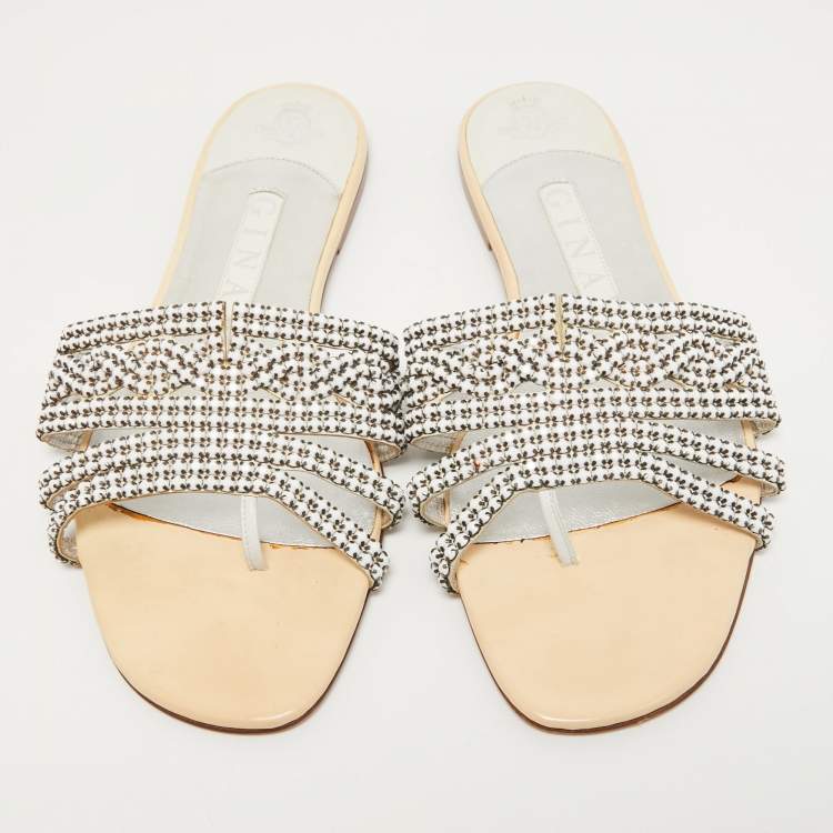 Pre Owned Gina Cream Leather Crystal Embellished Flat Slides Size 40.5