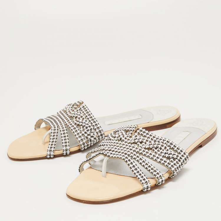 Pre Owned Gina Cream Leather Crystal Embellished Flat Slides Size 40.5