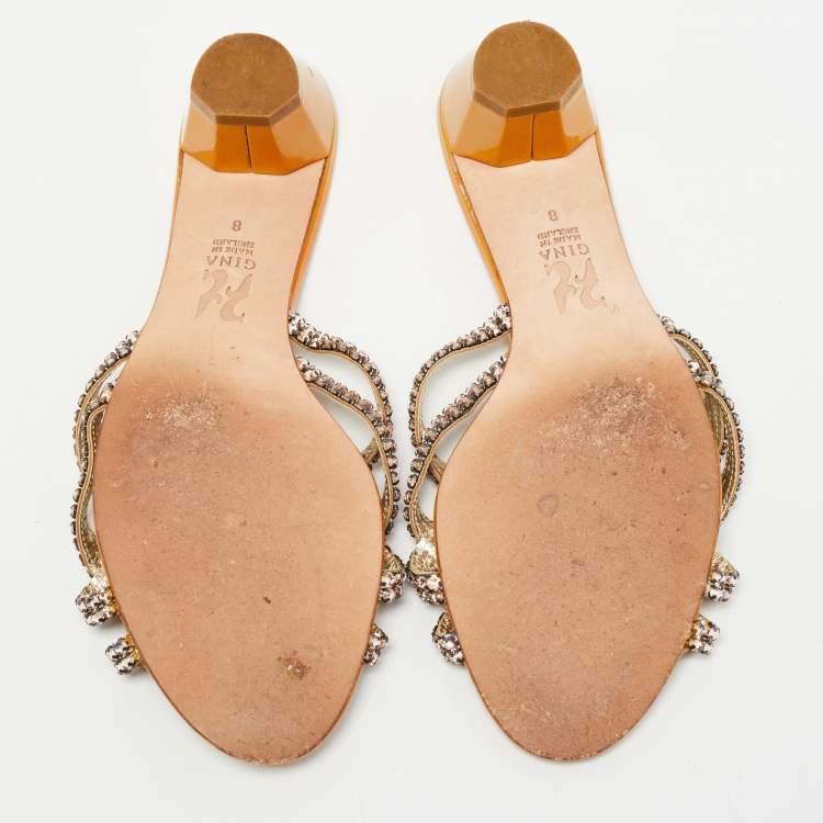 Pre Owned Gina Yellow Leather Crystal Embellished Slide Sandals Size 41