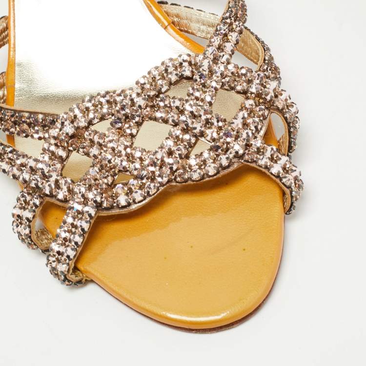 Pre Owned Gina Yellow Leather Crystal Embellished Slide Sandals Size 41