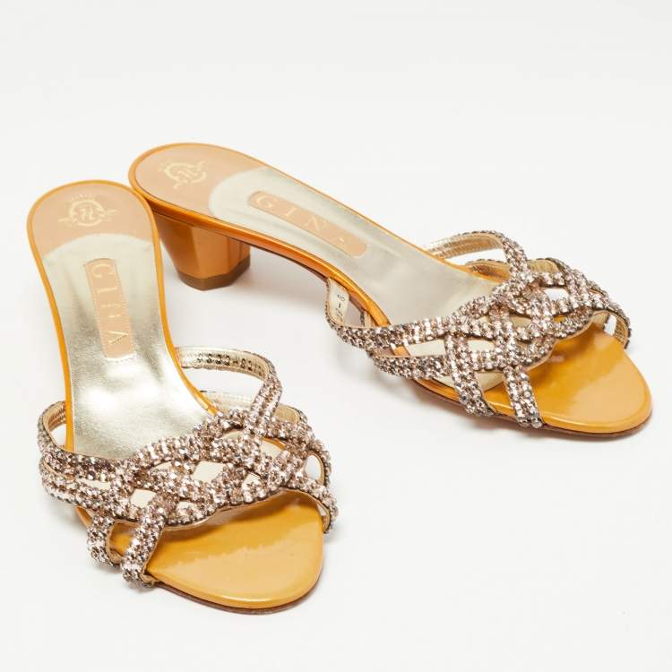 Pre Owned Gina Yellow Leather Crystal Embellished Slide Sandals Size 41