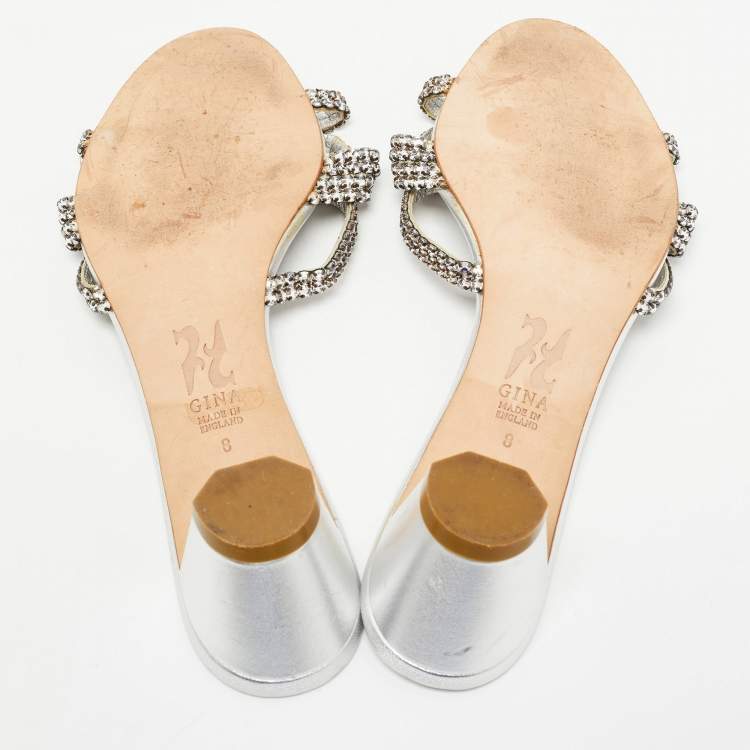 مملوكة مسبقًا Gina Silver Leather Crystal Embellished Slide Sandals Size 41
