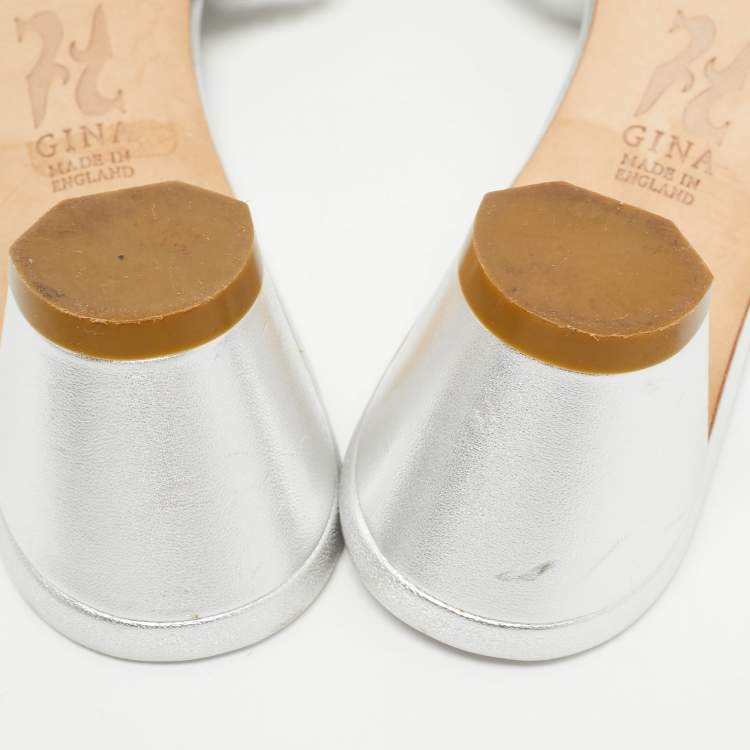 مملوكة مسبقًا Gina Silver Leather Crystal Embellished Slide Sandals Size 41