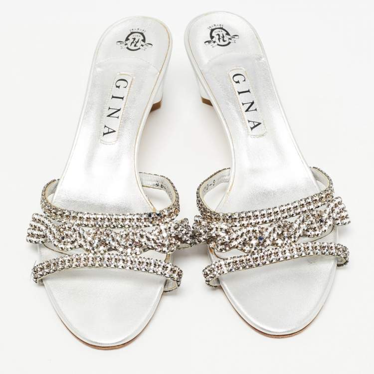 مملوكة مسبقًا Gina Silver Leather Crystal Embellished Slide Sandals Size 41