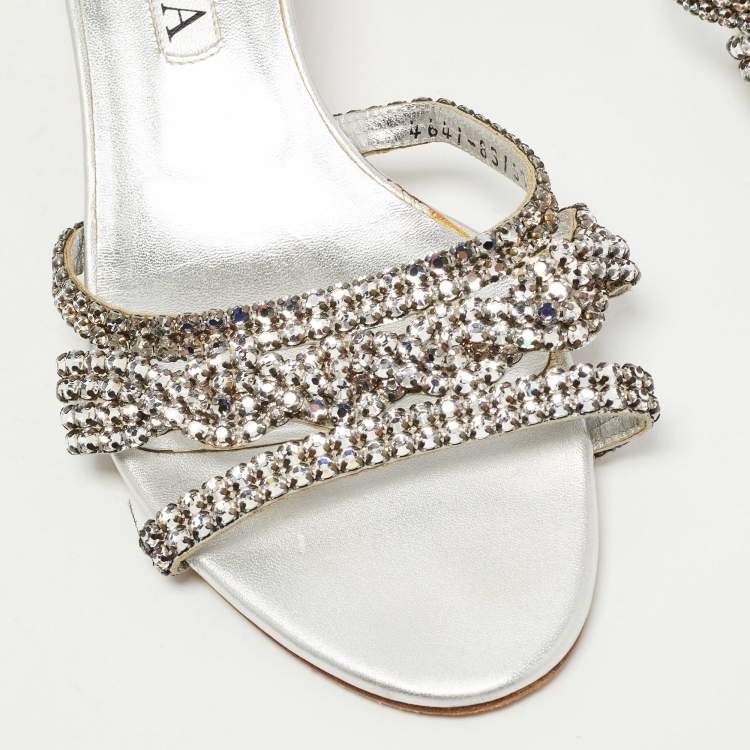 مملوكة مسبقًا Gina Silver Leather Crystal Embellished Slide Sandals Size 41