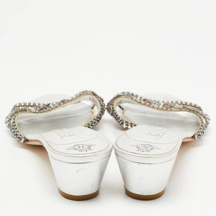 مملوكة مسبقًا Gina Silver Leather Crystal Embellished Slide Sandals Size 41