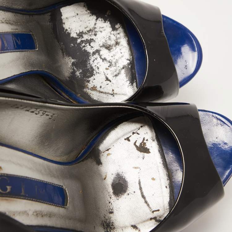 Pre Owned Gina Black Patent Leather Crystal Embellished Heel Peep Toe Platform Pumps Size 38.5