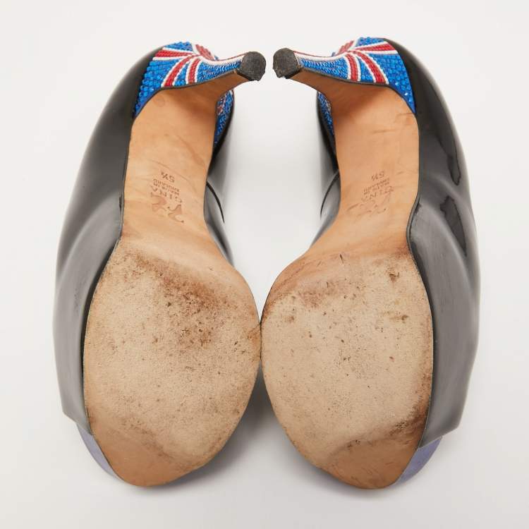 Pre Owned Gina Black Patent Leather Crystal Embellished Heel Peep Toe Platform Pumps Size 38.5