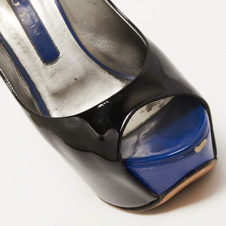 Pre Owned Gina Black Patent Leather Crystal Embellished Heel Peep Toe Platform Pumps Size 38.5