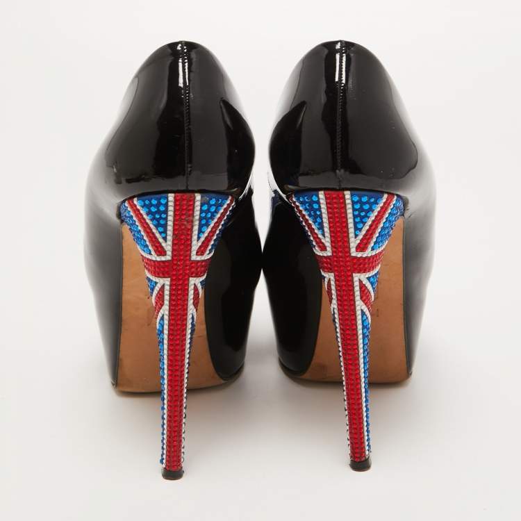 Pre Owned Gina Black Patent Leather Crystal Embellished Heel Peep Toe Platform Pumps Size 38.5