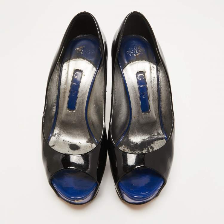 Pre Owned Gina Black Patent Leather Crystal Embellished Heel Peep Toe Platform Pumps Size 38.5