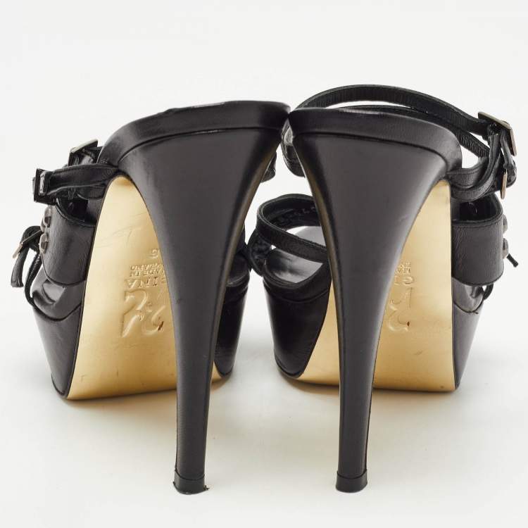 Pre Owned Gina Black Studded Leather Strappy Platform Sandals Size 39