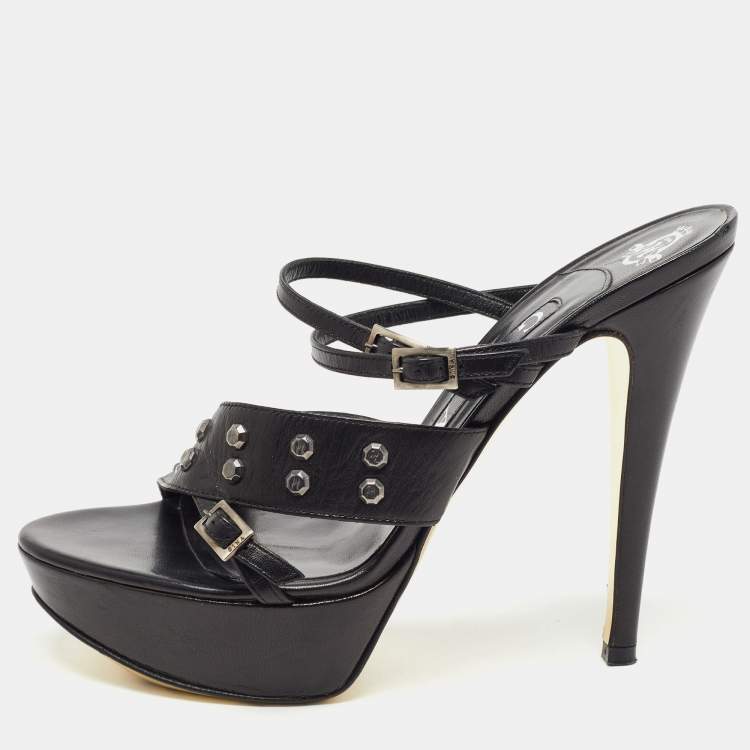 Pre Owned Gina Black Studded Leather Strappy Platform Sandals Size 39