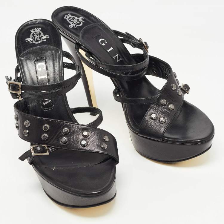 Pre Owned Gina Black Studded Leather Strappy Platform Sandals Size 39