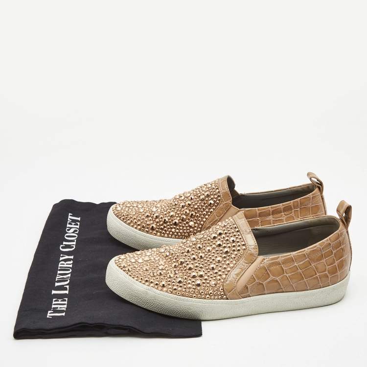 Pre Owned Gina Beige Croc Embossed Leather and Crystal Embellished  Slip On Sneakers Size 40