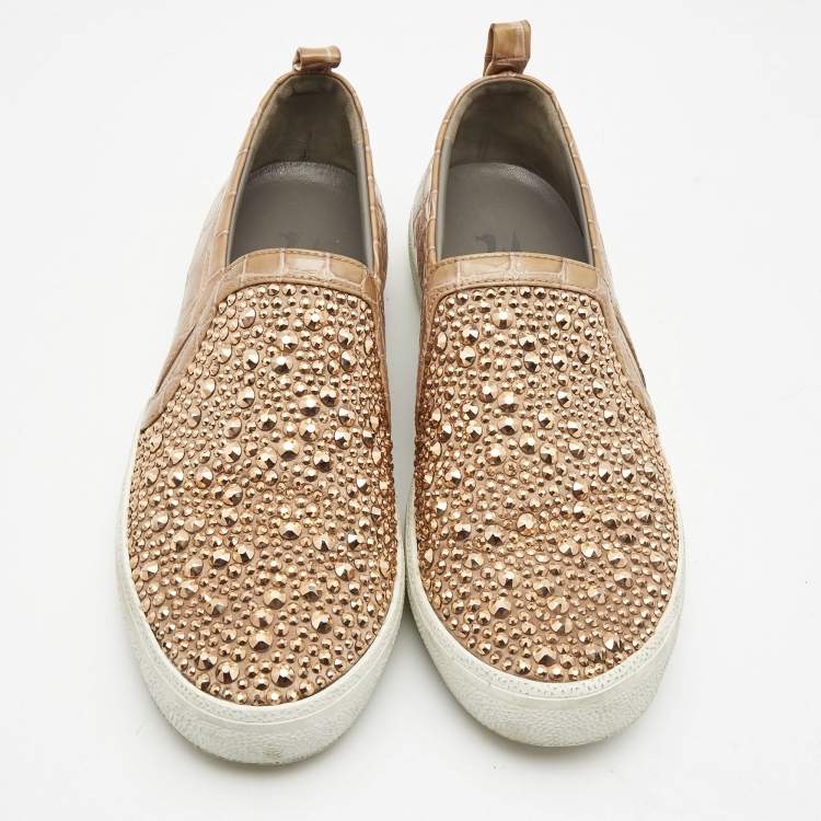 Pre Owned Gina Beige Croc Embossed Leather and Crystal Embellished  Slip On Sneakers Size 40
