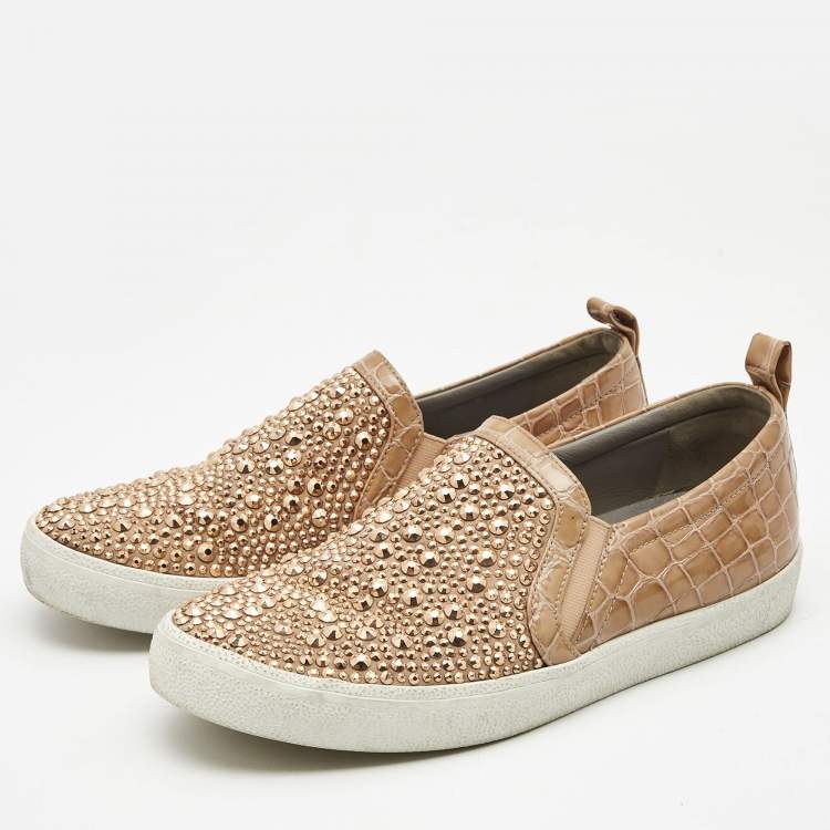 Pre Owned Gina Beige Croc Embossed Leather and Crystal Embellished  Slip On Sneakers Size 40