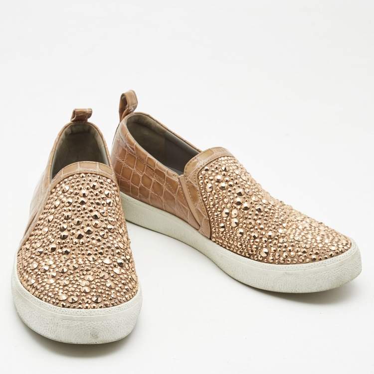 Pre Owned Gina Beige Croc Embossed Leather and Crystal Embellished  Slip On Sneakers Size 40