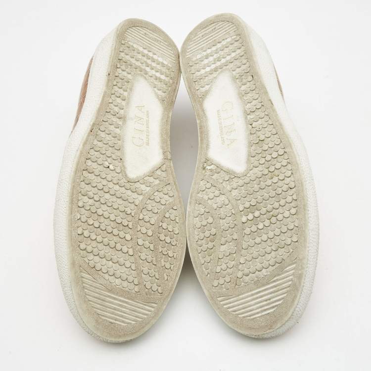 Pre Owned Gina Beige Croc Embossed Leather and Crystal Embellished  Slip On Sneakers Size 40