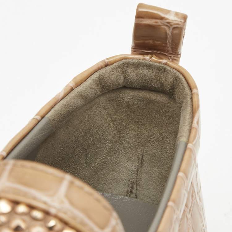 Pre Owned Gina Beige Croc Embossed Leather and Crystal Embellished  Slip On Sneakers Size 40