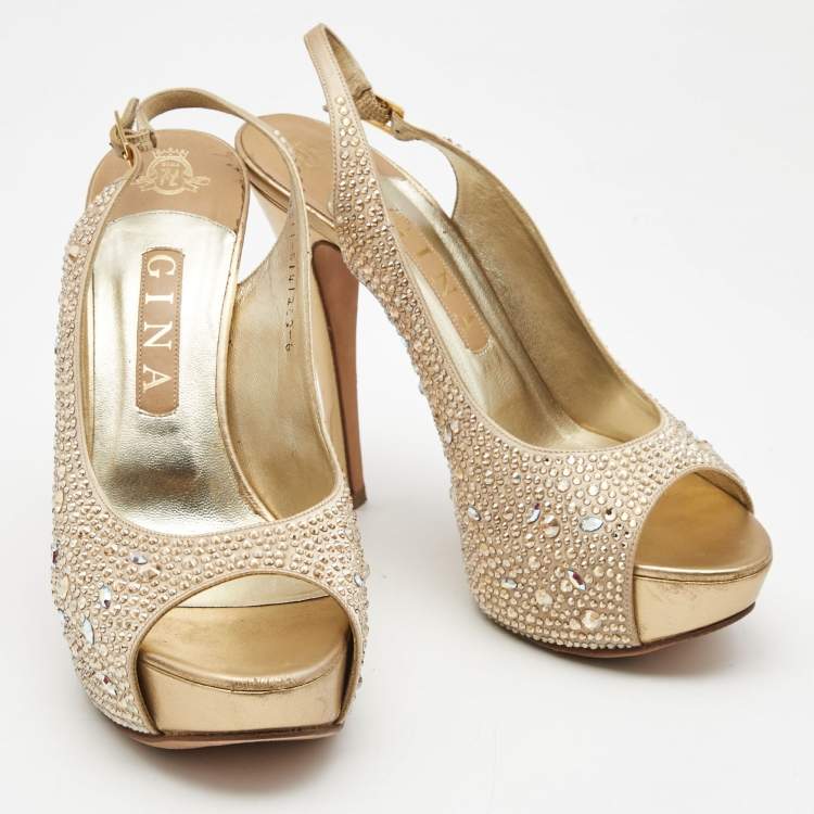 مملوكة مسبقًا Gina Gold Crystal Embellished Satin Platform Slingback Sandals Size 39