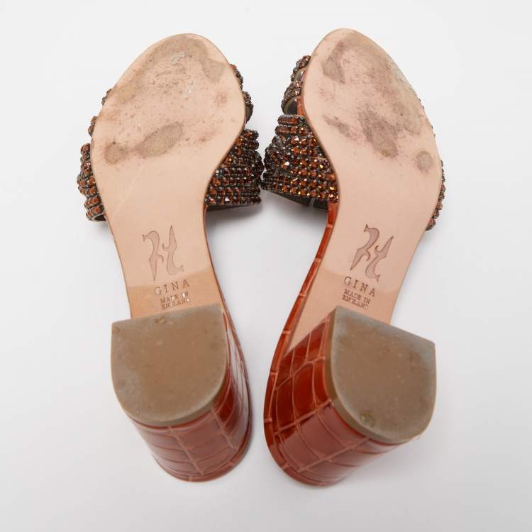 Pre Owned Gina Dark Orange Crystal Embellished Leather Block Heel Slide Sandals Size 36.5