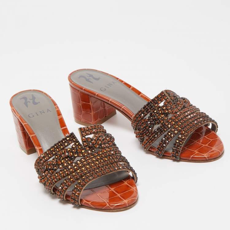 Pre Owned Gina Dark Orange Crystal Embellished Leather Block Heel Slide Sandals Size 36.5