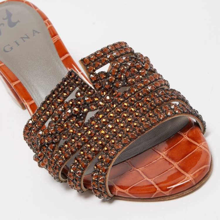Pre Owned Gina Dark Orange Crystal Embellished Leather Block Heel Slide Sandals Size 36.5
