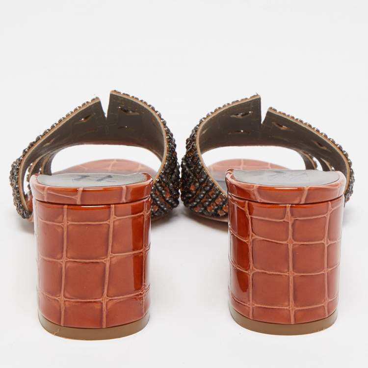 Pre Owned Gina Dark Orange Crystal Embellished Leather Block Heel Slide Sandals Size 36.5