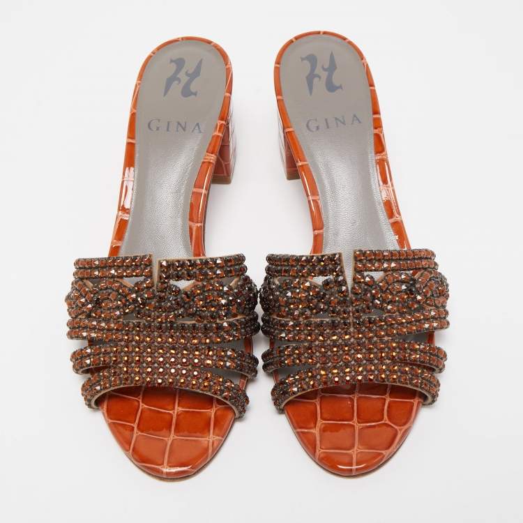 Pre Owned Gina Dark Orange Crystal Embellished Leather Block Heel Slide Sandals Size 36.5